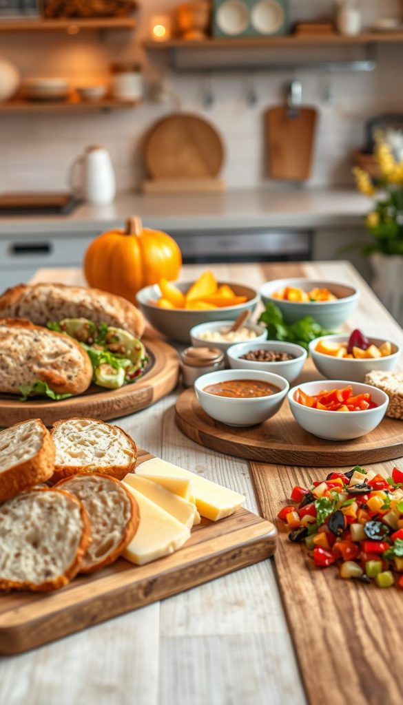 A beautifully arranged table featuring various side dishes that children love, showcasing warm and inviting colors typical of autumn. The foreground includes artisanal bread loaves, slices of creamy cheese, and vibrant salads mixed with fresh vegetables, set on rustic wooden boards. In the middle ground, a selection of bowls filled with colorful dips and garnishes complements the bread and cheese, while small plates of sliced fruits add freshness. The background features a soft-focus kitchen setting with warm, ambient lighting that creates a cozy and welcoming atmosphere. The overall scene should reflect an authentic, Pinterest-inspired aesthetic, evoking feelings of comfort and inspiration. Brand the image subtly with "KlickKiste" incorporated into the table setting.