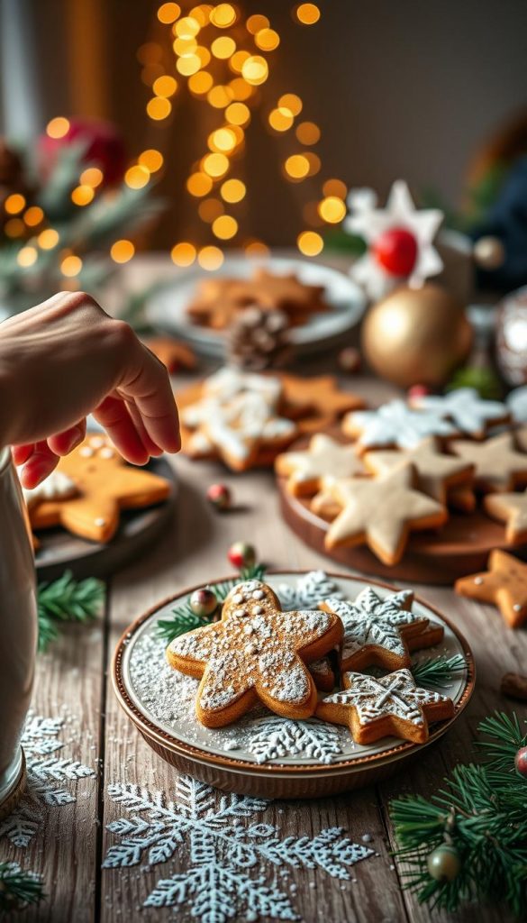 A beautifully arranged table filled with an assortment of winter-themed cookies, known as "Winteraromen Plätzchen," featuring gingerbread men, spiced sugar cookies, and cinnamon stars, all dusted with powdered sugar. The foreground showcases a close-up of a hand reaching for a cookie on a festive plate, adorned with winter foliage and warm-colored decorations. In the middle ground, soft lighting casts a cozy atmosphere, highlighting the textures of the cookies as they sit on rustic wooden surfaces. In the background, softly blurred fairy lights twinkle, enhancing the inviting feel of the scene. This image embodies a Pinterest-worthy aesthetic with warm color tones that evoke seasonal comfort and joy, captured with a shallow depth of field, ideal for a family-oriented and inspirational approach. Brand: KlickKiste.