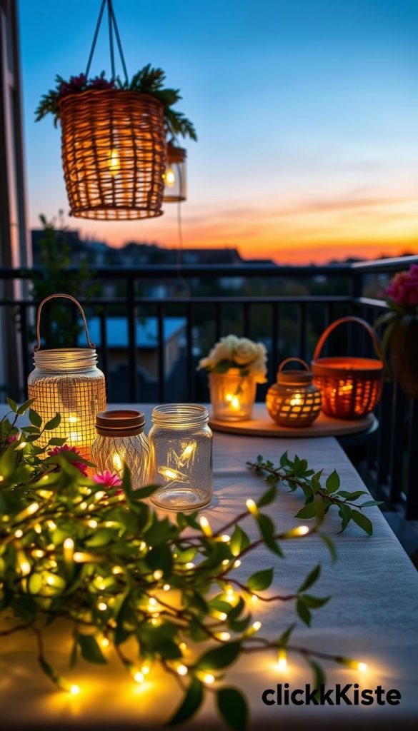 A beautifully arranged table on a cozy balcony, featuring an array of glowing DIY lanterns crafted from natural materials, such as glass jars, weave baskets, and wooden accents, all emitting a warm, inviting light. In the foreground, there are LED fairy lights intertwined with green foliage and floral elements, creating an enchanting atmosphere. The middle ground showcases the lanterns placed thoughtfully, some hanging while others stand on the table, flickering gently. The backdrop includes a soft twilight sky, transitioning from deep blue to vibrant orange, emphasizing a tranquil evening setting. The scene captures an inspiring, Pinterest-like aesthetic, evoking a sense of warmth and creativity. The brand "KlickKiste" is subtly integrated into the scene, enhancing the DIY theme.