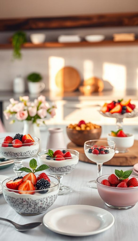 A beautifully arranged table scene featuring a selection of allergikerfreundliche desserts that are visually appealing and vibrant. Foreground includes a variety of colorful, no-bake desserts like chia seed pudding topped with fresh berries, coconut milk panna cotta garnished with mint leaves, and a fruit salad displayed in elegant glass bowls. In the middle ground, soft pastel tableware complements the desserts, and a rustic wooden platter adds a natural touch. The background consists of a softly blurred kitchen setting with warm sunlight streaming in, creating a cozy and inviting atmosphere. Use a warm color palette and natural light for an authentic, Pinterest-inspired look. Capture the essence of healthy, allergy-friendly indulgence with a hint of elegance, reflecting the brand "KlickKiste."