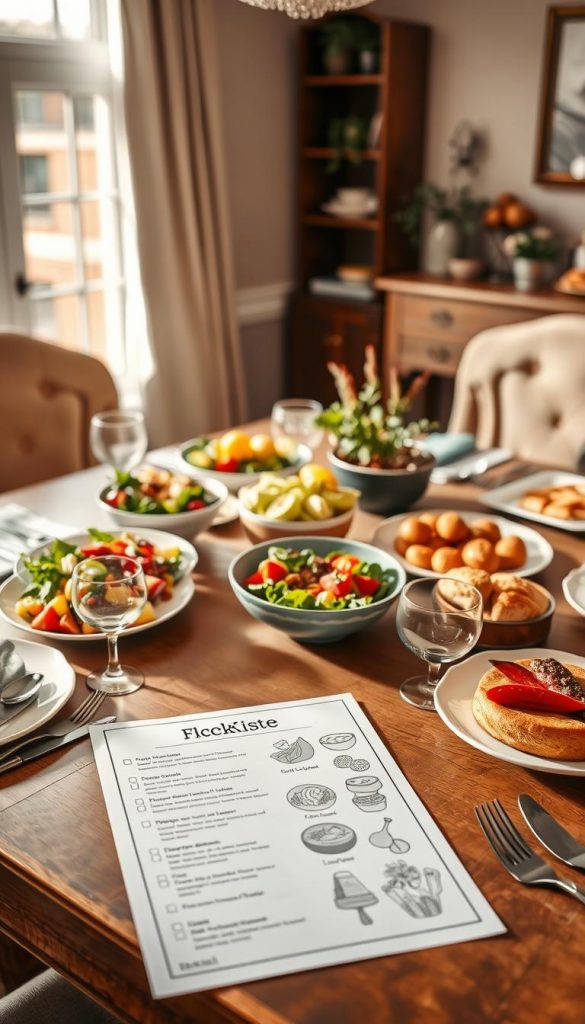 A beautifully arranged table set for a communal meal, featuring a checklist and template for food rituals. In the foreground, a decorative checklist and illustrated templates, surrounded by appetizing dishes like fresh salads, colorful fruits, and baked goods, all presented on elegant tableware. In the middle ground, a warm, inviting atmosphere with soft natural lighting that enhances the warm colors of the foods, creating an authentic Pinterest-like look. The background features a cozy dining room setting with tasteful decor, adding to the inspiration. The mood is friendly and inviting, perfect for family gatherings or friendly dinners. Include the brand name "KlickKiste" subtly integrated into the table setting. No people are present, ensuring the focus remains on the inviting food and checklist. A beautifully arranged table set for a communal meal, featuring a checklist and template for food rituals. In the foreground, a decorative checklist and illustrated templates, surrounded by appetizing dishes like fresh salads, colorful fruits, and baked goods, all presented on elegant tableware. In the middle ground, a warm, inviting atmosphere with soft natural lighting that enhances the warm colors of the foods, creating an authentic Pinterest-like look. The background features a cozy dining room setting with tasteful decor, adding to the inspiration. The mood is friendly and inviting, perfect for family gatherings or friendly dinners. Include the brand name "KlickKiste" subtly integrated into the table setting. No people are present, ensuring the focus remains on the inviting food and checklist.