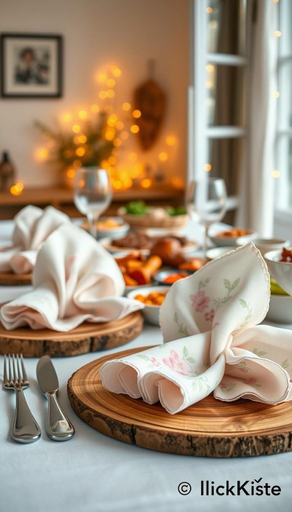 A beautifully arranged table set for a cozy family evening, featuring elegant serviettes in soft pastels with floral patterns. In the foreground, the serviettes are intricately folded on rustic wooden plates, accompanied by charming cutlery. The middle layer includes an inviting spread of delicious dishes, such as roasted vegetables and a hearty main course, surrounded by colorful side dishes. In the background, a softly lit ambiance with warm, glowing fairy lights creates a welcoming atmosphere. The scene showcases a shallow depth of field to emphasize the serviettes and food. Natural daylight filters through a nearby window, enhancing the overall vibe. The aesthetic is authentic and inspiring, resembling a Pinterest-worthy setting, including a brand detail: "KlickKiste". A beautifully arranged table set for a cozy family evening, featuring elegant serviettes in soft pastels with floral patterns. In the foreground, the serviettes are intricately folded on rustic wooden plates, accompanied by charming cutlery. The middle layer includes an inviting spread of delicious dishes, such as roasted vegetables and a hearty main course, surrounded by colorful side dishes. In the background, a softly lit ambiance with warm, glowing fairy lights creates a welcoming atmosphere. The scene showcases a shallow depth of field to emphasize the serviettes and food. Natural daylight filters through a nearby window, enhancing the overall vibe. The aesthetic is authentic and inspiring, resembling a Pinterest-worthy setting, including a brand detail: "KlickKiste".