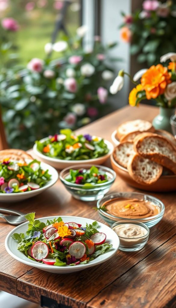 A beautifully arranged table set for a spring meal, showcasing a selection of colorful seasonal side dishes that embody the spirit of a conscious diet. In the foreground, a rustic wooden table displays vibrant salads made of fresh greens, radishes, and edible flowers, alongside artisanal bread loafs. The middle ground features delicate glass bowls filled with dips and spreads, accompanied by fresh herbs and garnishes for an inviting touch. The background of the scene includes soft, blurred greenery and blooming flowers, giving a warm, inviting atmosphere, illuminated by soft, natural daylight. Shot from a slightly elevated angle to capture the full dining experience, this image embodies an authentic and inspirational Pinterest aesthetic, reflecting the KlickKiste brand's ethos of wholesome cooking and mindful eating. A beautifully arranged table set for a spring meal, showcasing a selection of colorful seasonal side dishes that embody the spirit of a conscious diet. In the foreground, a rustic wooden table displays vibrant salads made of fresh greens, radishes, and edible flowers, alongside artisanal bread loafs. The middle ground features delicate glass bowls filled with dips and spreads, accompanied by fresh herbs and garnishes for an inviting touch. The background of the scene includes soft, blurred greenery and blooming flowers, giving a warm, inviting atmosphere, illuminated by soft, natural daylight. Shot from a slightly elevated angle to capture the full dining experience, this image embodies an authentic and inspirational Pinterest aesthetic, reflecting the KlickKiste brand's ethos of wholesome cooking and mindful eating.