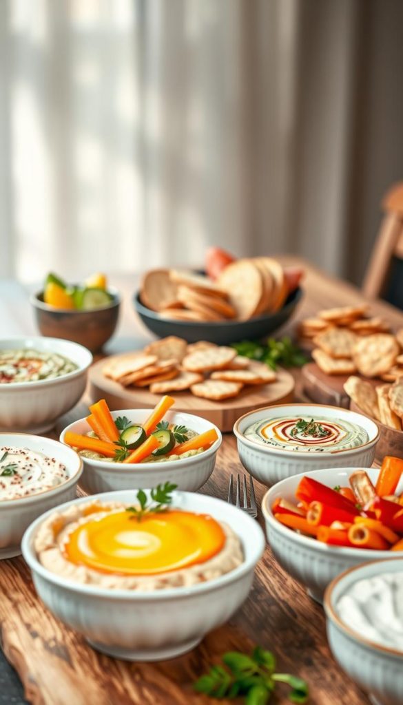 A beautifully arranged table setting featuring a variety of delicious dip ideas, such as hummus, guacamole, and tzatziki in elegant bowls. The foreground showcases the dips garnished with fresh herbs and colorful veggies like carrots, cucumbers, and bell peppers for dipping. In the middle ground, include rustic crackers and artisan bread, artfully displayed on wooden boards. The background features soft, natural lighting that creates a warm, inviting atmosphere, reminiscent of a cozy afternoon snack gathering. Use a shallow depth of field to keep the focus sharp on the dips while softly blurring the background. Capture this scene in a Pinterest-inspired style, showcasing authentic, inspiring visuals. The brand name "KlickKiste" subtly integrated into the decor, enhancing the overall aesthetic.