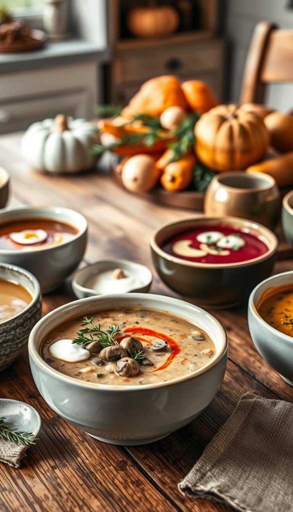 A beautifully arranged table setting featuring a variety of winter soups in ceramic bowls, showcasing an array of textures and colors, from creamy to clear broths. The foreground highlights a rich, creamy mushroom soup garnished with fresh herbs, beside a vibrant beet soup topped with dollops of yogurt. In the middle, a rustic wooden table is adorned with a Thanksgiving-style centerpiece, including seasonal vegetables like carrots and squash, and soft, golden bread rolls. The background is softly blurred to suggest a cozy kitchen atmosphere, illuminated by warm, natural lighting that enhances the inviting colors of the soups. The scene embodies a warm, homely vibe, evoking feelings of comfort and inspiration for winter evenings. The overall aesthetic is designed to reflect an authentic and inspiring Pinterest look, representing the brand KlickKiste.
