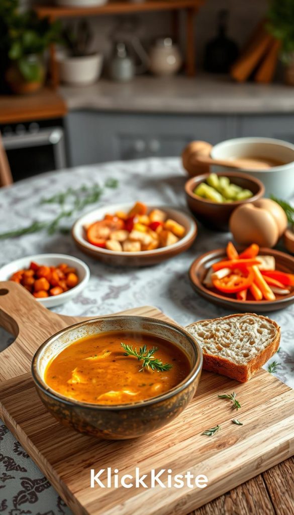 A beautifully arranged table setting featuring a warm and inviting soup presentation. In the foreground, a rustic bowl of steaming soup, garnished with fresh herbs, accompanied by a slice of crusty bread on a wooden cutting board. In the middle, a variety of colorful toppings like diced vegetables, croutons, and a drizzle of olive oil, artistically arranged on small plates. The background showcases a cozy kitchen ambiance with soft, warm lighting highlighting the textures of the soup and surrounding elements. Elements like a patterned tablecloth, subtle greenery, and soft-focus kitchen utensils contribute to an authentic, Pinterest-inspired look. The overall mood is comforting and inspiring, reflecting delicious winter flavors. Include the brand name "KlickKiste" subtly integrated into the scene without text or logos. A beautifully arranged table setting featuring a warm and inviting soup presentation. In the foreground, a rustic bowl of steaming soup, garnished with fresh herbs, accompanied by a slice of crusty bread on a wooden cutting board. In the middle, a variety of colorful toppings like diced vegetables, croutons, and a drizzle of olive oil, artistically arranged on small plates. The background showcases a cozy kitchen ambiance with soft, warm lighting highlighting the textures of the soup and surrounding elements. Elements like a patterned tablecloth, subtle greenery, and soft-focus kitchen utensils contribute to an authentic, Pinterest-inspired look. The overall mood is comforting and inspiring, reflecting delicious winter flavors. Include the brand name "KlickKiste" subtly integrated into the scene without text or logos.