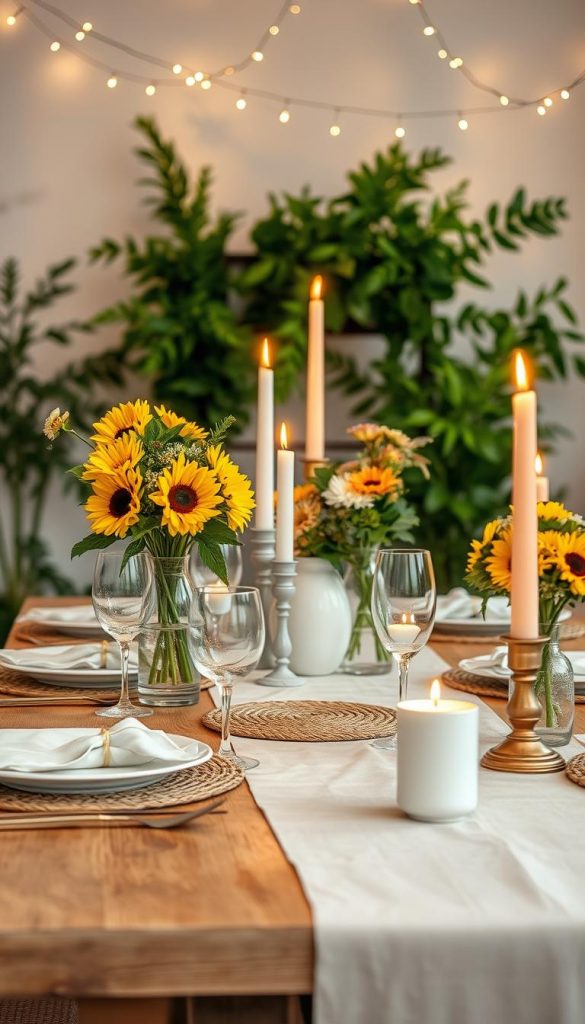 A beautifully arranged table setting for a cozy family evening, showcasing a “tischdeko” theme. In the foreground, a rustic wooden table adorned with a soft, neutral tablecloth. Elegant dinnerware, including white plates and golden cutlery, is tastefully placed, with crystal goblets reflecting warm candlelight. Vases filled with fresh seasonal flowers, like sunflowers and daisies, add a touch of color. In the middle ground, lush green foliage and decorative elements like woven placemats and hand-painted centerpieces enhance the ambiance. The background features soft, ambient lighting, with twinkling fairy lights draped above, creating a warm, inviting atmosphere. The overall visual should embody a natural, Pinterest-inspired aesthetic, conveying warmth and inspiration, while subtly incorporating the brand essence of "KlickKiste." A beautifully arranged table setting for a cozy family evening, showcasing a “tischdeko” theme. In the foreground, a rustic wooden table adorned with a soft, neutral tablecloth. Elegant dinnerware, including white plates and golden cutlery, is tastefully placed, with crystal goblets reflecting warm candlelight. Vases filled with fresh seasonal flowers, like sunflowers and daisies, add a touch of color. In the middle ground, lush green foliage and decorative elements like woven placemats and hand-painted centerpieces enhance the ambiance. The background features soft, ambient lighting, with twinkling fairy lights draped above, creating a warm, inviting atmosphere. The overall visual should embody a natural, Pinterest-inspired aesthetic, conveying warmth and inspiration, while subtly incorporating the brand essence of "KlickKiste."