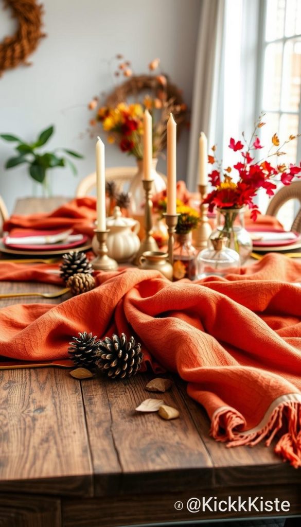 A beautifully arranged table setting showcasing the essence of autumn, with a focus on warm, inviting color palettes. In the foreground, a rustic wooden table displays an array of textured fabrics in rich oranges, deep reds, and soft browns. Metallic gold accents and natural elements like pine cones and dried leaves enhance the scene. The middle ground features decorative items such as candle holders and small vases filled with seasonal flowers, all reflecting the latest trends in autumn decor. In the background, soft natural light filters through a window, creating a cozy and inviting atmosphere. The image embodies the DIY aesthetic, inspiring viewers to incorporate these styles into their own homes. This composition should evoke a sense of warmth and creativity, perfect for illustrating the trends of the season, attributed to "KlickKiste." A beautifully arranged table setting showcasing the essence of autumn, with a focus on warm, inviting color palettes. In the foreground, a rustic wooden table displays an array of textured fabrics in rich oranges, deep reds, and soft browns. Metallic gold accents and natural elements like pine cones and dried leaves enhance the scene. The middle ground features decorative items such as candle holders and small vases filled with seasonal flowers, all reflecting the latest trends in autumn decor. In the background, soft natural light filters through a window, creating a cozy and inviting atmosphere. The image embodies the DIY aesthetic, inspiring viewers to incorporate these styles into their own homes. This composition should evoke a sense of warmth and creativity, perfect for illustrating the trends of the season, attributed to "KlickKiste."