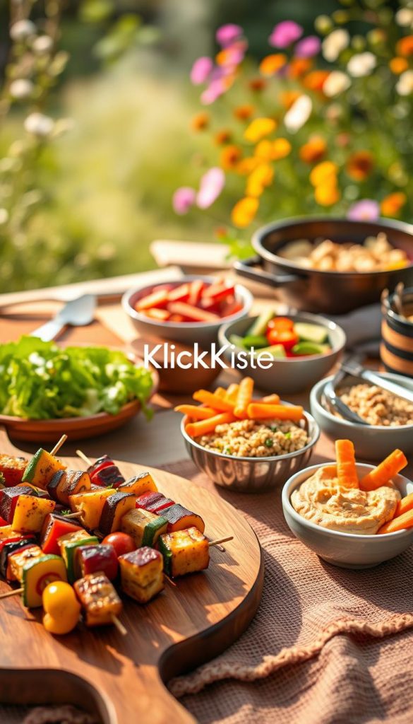 A beautifully arranged table showcasing a variety of allergen-friendly recipes designed for children, featuring colorful grilled vegetable skewers, quinoa salad, and hummus with fresh carrot and cucumber sticks. In the foreground, a wooden serving platter holds vibrant, fresh ingredients, while playful cooking utensils like a spatula and tongs are placed nearby. The middle ground captures inviting bowls of food, with a warm, rustic picnic blanket underneath. The background is softly blurred, hinting at a sunny outdoor grill setting surrounded by greenery and blooming flowers, creating a cheerful and inviting atmosphere. Warm lighting enhances the natural colors, evoking an authentic and inspiring mood. The brand name "KlickKiste" is subtly integrated into the setting, harmoniously complementing the overall theme of healthy, kid-friendly cooking.