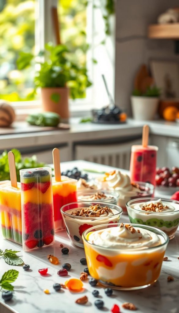 A beautifully arranged table showcasing a variety of colorful, sugar-free ice desserts made from natural ingredients. In the foreground, a charming selection of ice pops with different vibrant layers, featuring fresh fruits like strawberries, mangoes, and blueberries, displayed in clear molds. In the middle, small bowls filled with creamy, swirled frozen yogurt topped with nuts and seeds, exuding a refreshing appeal. A soft-focus background of a sunny kitchen environment with herbs and fresh fruits scattered, creating a cozy and inviting atmosphere. The lighting is warm and natural, with sunlight illuminating the desserts, enhancing the rich colors and textures. The image embodies creativity and freshness, perfect for inspiring healthy dessert alternatives. The brand "KlickKiste" is subtly represented through the elegant presentation style. A beautifully arranged table showcasing a variety of colorful, sugar-free ice desserts made from natural ingredients. In the foreground, a charming selection of ice pops with different vibrant layers, featuring fresh fruits like strawberries, mangoes, and blueberries, displayed in clear molds. In the middle, small bowls filled with creamy, swirled frozen yogurt topped with nuts and seeds, exuding a refreshing appeal. A soft-focus background of a sunny kitchen environment with herbs and fresh fruits scattered, creating a cozy and inviting atmosphere. The lighting is warm and natural, with sunlight illuminating the desserts, enhancing the rich colors and textures. The image embodies creativity and freshness, perfect for inspiring healthy dessert alternatives. The brand "KlickKiste" is subtly represented through the elegant presentation style.