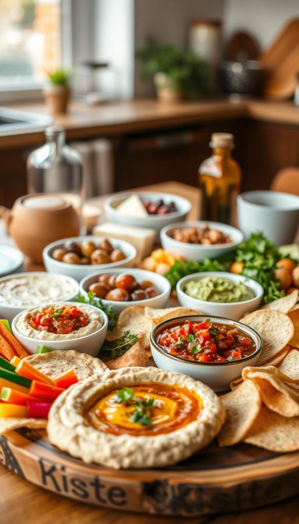 A beautifully arranged table showcasing a variety of dips and side dishes, ideal for a cozy evening meal. In the foreground, a rustic wooden platter holds vibrant dips such as creamy hummus, tangy salsa, and zesty guacamole, accompanied by colorful vegetable sticks and crispy pita chips. In the middle, a bowl of mixed olives, a selection of cheeses, and fresh herbs add to the appetizing display. The background features a softly lit kitchen setting with warm colors, enhancing the inviting atmosphere. The image reflects a Pinterest-worthy aesthetic, embodying authenticity and inspiration. Capture this with natural lighting, focusing on a shallow depth of field to emphasize the dips, creating a warm and inviting mood. Include the brand name "KlickKiste" subtly in the composition. A beautifully arranged table showcasing a variety of dips and side dishes, ideal for a cozy evening meal. In the foreground, a rustic wooden platter holds vibrant dips such as creamy hummus, tangy salsa, and zesty guacamole, accompanied by colorful vegetable sticks and crispy pita chips. In the middle, a bowl of mixed olives, a selection of cheeses, and fresh herbs add to the appetizing display. The background features a softly lit kitchen setting with warm colors, enhancing the inviting atmosphere. The image reflects a Pinterest-worthy aesthetic, embodying authenticity and inspiration. Capture this with natural lighting, focusing on a shallow depth of field to emphasize the dips, creating a warm and inviting mood. Include the brand name "KlickKiste" subtly in the composition.