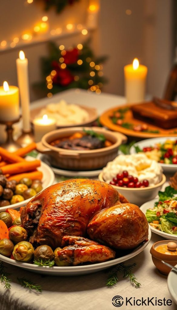A beautifully arranged table showcasing a variety of festive main dishes for a family Christmas dinner. In the foreground, focus on a beautifully roasted turkey with crispy skin, surrounded by vibrant seasonal vegetables like brussels sprouts and glazed carrots. In the middle ground, include a ceramic platter of savory beef stew with herbs, a bowl of creamy mashed potatoes, and a colorful salad with pomegranate seeds. In the background, warm candlelight flickers, casting a cozy ambiance, while soft string lights add a magical touch. The scene is captured from a slightly elevated angle, allowing for a clear view of the mouthwatering dishes. The color palette features rich, warm tones that evoke a sense of comfort and togetherness, creating an authentic and inspiring atmosphere. The image reflects the holiday spirit, emphasizing family and festivity, branded subtly with "KlickKiste".