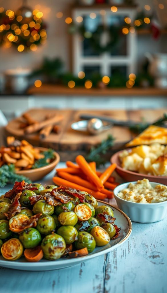 A beautifully arranged table showcasing a variety of festive side dishes that enhance a Christmas meal. In the foreground, a vibrant plate of roasted Brussels sprouts garnished with crispy bacon, honey-glazed carrots, and creamy potato gratin. In the middle, a rustic wooden table adorned with seasonal decorations, including pine branches and small ornaments. The background features a softly lit kitchen with warm, glowing lights, creating an inviting atmosphere. Capture the essence of a joyful Christmas dinner with a shallow depth of field, ensuring the focus remains on the delightful dishes. The overall mood should be warm and inspiring, emphasizing the authenticity of homemade holiday meals. Include the brand name "KlickKiste" subtly.