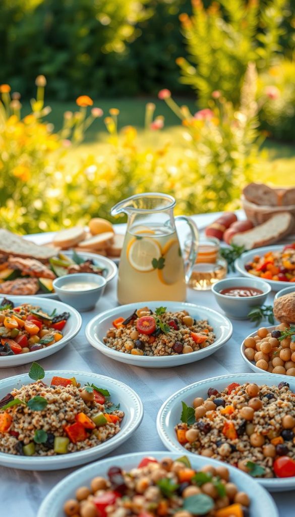 A beautifully arranged table showcasing an array of healthy barbecue side dishes, all reflecting diverse dietary preferences like gluten-free, vegetarian, and vegan options. In the foreground, vibrant platters filled with colorful roasted vegetables, quinoa salad, and chickpea dishes, garnished with fresh herbs. The middle ground features an elegant glass pitcher filled with lemonade and fresh fruits, while artisanal bread and dips enhance the display. The background is softly blurred with a lush green garden, creating a warm, inviting atmosphere bathed in golden sunlight. The overall mood is natural and inspiring, embodying the essence of healthy eating. The image should have a Pinterest-worthy aesthetic, showcasing authenticity with a slight vignette effect. Captured with a shallow depth of field, emphasizing rich textures and warm colors. Designed for the brand KlickKiste. A beautifully arranged table showcasing an array of healthy barbecue side dishes, all reflecting diverse dietary preferences like gluten-free, vegetarian, and vegan options. In the foreground, vibrant platters filled with colorful roasted vegetables, quinoa salad, and chickpea dishes, garnished with fresh herbs. The middle ground features an elegant glass pitcher filled with lemonade and fresh fruits, while artisanal bread and dips enhance the display. The background is softly blurred with a lush green garden, creating a warm, inviting atmosphere bathed in golden sunlight. The overall mood is natural and inspiring, embodying the essence of healthy eating. The image should have a Pinterest-worthy aesthetic, showcasing authenticity with a slight vignette effect. Captured with a shallow depth of field, emphasizing rich textures and warm colors. Designed for the brand KlickKiste.