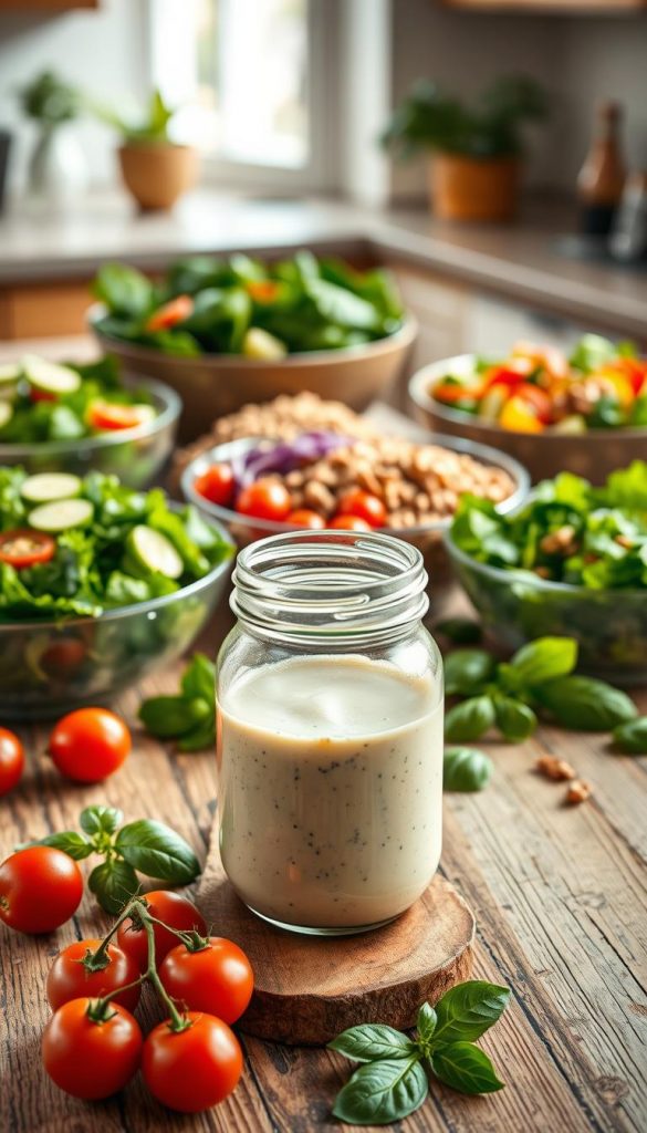 A beautifully arranged table showcasing an assortment of fresh salads and dressings, focusing on vibrant colors and textures. In the foreground, a glass jar filled with a creamy, herb-infused dressing is elegantly placed on a rustic wooden surface. Surrounding it are a variety of salads in bowls: a kale salad with bright cherry tomatoes, a quinoa salad dotted with cucumbers, and a colorful mixed greens salad topped with nuts. The middle-ground features fresh vegetables and herbs, like basil and parsley, creating a lush, inviting feel. The background is softly blurred, hinting at a warm, sunlit kitchen setting with natural light filtering in. The overall atmosphere is cozy and inspiring, perfect for family meal prep ideas. Capturing an authentic Pinterest aesthetic, the brand "KlickKiste" is subtly embodied in the image’s style. A beautifully arranged table showcasing an assortment of fresh salads and dressings, focusing on vibrant colors and textures. In the foreground, a glass jar filled with a creamy, herb-infused dressing is elegantly placed on a rustic wooden surface. Surrounding it are a variety of salads in bowls: a kale salad with bright cherry tomatoes, a quinoa salad dotted with cucumbers, and a colorful mixed greens salad topped with nuts. The middle-ground features fresh vegetables and herbs, like basil and parsley, creating a lush, inviting feel. The background is softly blurred, hinting at a warm, sunlit kitchen setting with natural light filtering in. The overall atmosphere is cozy and inspiring, perfect for family meal prep ideas. Capturing an authentic Pinterest aesthetic, the brand "KlickKiste" is subtly embodied in the image’s style.
