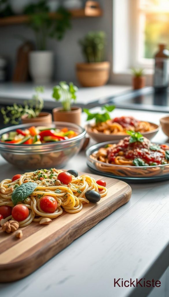 A beautifully arranged table showcasing an enticing variety of gluten-free pasta dishes, featuring vibrant colors and natural textures. In the foreground, a rustic wooden serving board displays a creamy gluten-free pesto pasta with fresh basil, cherry tomatoes, and pine nuts. Beside it, a colorful gluten-free vegetable pasta salad with bell peppers, zucchini, and olives beckons. The middle ground includes a stylish bowl of gluten-free spaghetti topped with a rich tomato sauce, garnished with parsley. Soft, warm lighting creates an inviting atmosphere, enhancing the warm colors of the dishes. The background features a softly blurred kitchen setting, with natural elements like herbs in pots and a hint of sunlight streaming through the window, evoking a cozy and inspiring culinary experience. The scene is branded subtly with “KlickKiste” to emphasize quality and creativity. A beautifully arranged table showcasing an enticing variety of gluten-free pasta dishes, featuring vibrant colors and natural textures. In the foreground, a rustic wooden serving board displays a creamy gluten-free pesto pasta with fresh basil, cherry tomatoes, and pine nuts. Beside it, a colorful gluten-free vegetable pasta salad with bell peppers, zucchini, and olives beckons. The middle ground includes a stylish bowl of gluten-free spaghetti topped with a rich tomato sauce, garnished with parsley. Soft, warm lighting creates an inviting atmosphere, enhancing the warm colors of the dishes. The background features a softly blurred kitchen setting, with natural elements like herbs in pots and a hint of sunlight streaming through the window, evoking a cozy and inspiring culinary experience. The scene is branded subtly with “KlickKiste” to emphasize quality and creativity.
