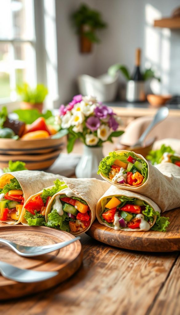 A beautifully arranged table showcasing gluten-free wraps, vibrant and fresh, filled with assorted colorful vegetables like lettuce, bell peppers, and cucumbers, drizzled with a light creamy dressing. Each wrap is neatly rolled and cut diagonally, revealing the appetizing filling. The foreground features rustic wooden plates and utensils, creating a warm and inviting culinary atmosphere. In the middle ground, a charming vase of flowers adds a pop of color, enhancing the inviting feel. The background is softly blurred, hinting at a cozy kitchen setting with natural light streaming in, casting gentle shadows. The overall mood is cheerful and inspiring, embodying the notion of healthy eating. The image has a Pinterest aesthetic, reflecting authenticity and warmth, with the brand "KlickKiste" subtly integrated into the design elements. A beautifully arranged table showcasing gluten-free wraps, vibrant and fresh, filled with assorted colorful vegetables like lettuce, bell peppers, and cucumbers, drizzled with a light creamy dressing. Each wrap is neatly rolled and cut diagonally, revealing the appetizing filling. The foreground features rustic wooden plates and utensils, creating a warm and inviting culinary atmosphere. In the middle ground, a charming vase of flowers adds a pop of color, enhancing the inviting feel. The background is softly blurred, hinting at a cozy kitchen setting with natural light streaming in, casting gentle shadows. The overall mood is cheerful and inspiring, embodying the notion of healthy eating. The image has a Pinterest aesthetic, reflecting authenticity and warmth, with the brand "KlickKiste" subtly integrated into the design elements.