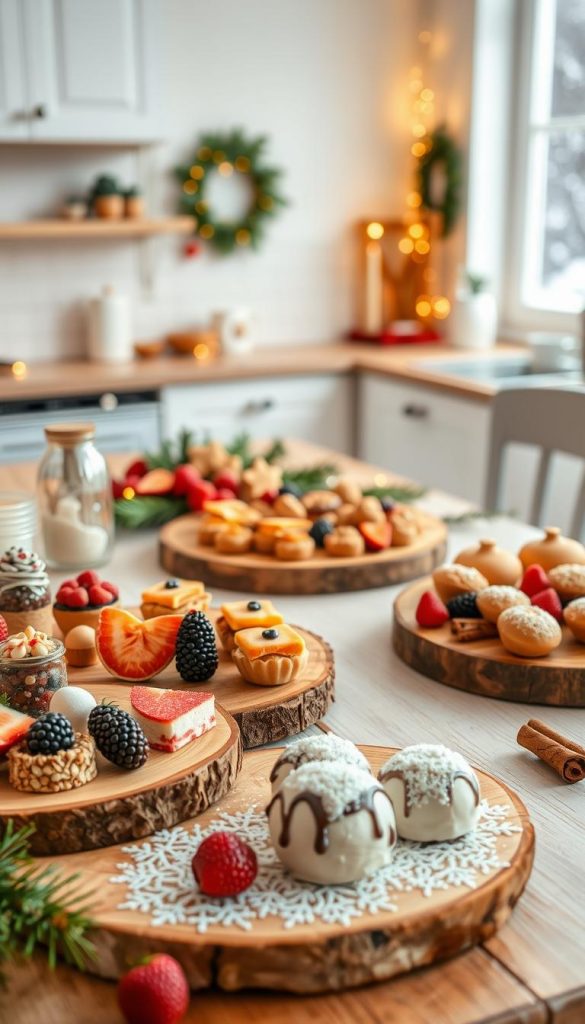 A beautifully arranged table showcasing healthy, festive winter desserts suitable for the whole family. In the foreground, display a variety of vibrant, colorful desserts, including fruit-based treats, nutty energy bites, and gluten-free pastries, all presented on elegant, rustic wooden platters. The middle ground features adorned holiday decorations, such as pine branches, cinnamon sticks, and twinkling fairy lights, creating a warm, inviting atmosphere. In the background, a softly lit kitchen setting with a hint of winter snow visible through the window. Use warm, natural colors with an inspiring Pinterest aesthetic. The mood is cozy and festive, emphasizing healthy alternatives for holiday cooking. Incorporate touches from the brand "KlickKiste" subtly within the presentation. Aim for a harmonious composition, focusing on enticing visuals without any text or overlays. A beautifully arranged table showcasing healthy, festive winter desserts suitable for the whole family. In the foreground, display a variety of vibrant, colorful desserts, including fruit-based treats, nutty energy bites, and gluten-free pastries, all presented on elegant, rustic wooden platters. The middle ground features adorned holiday decorations, such as pine branches, cinnamon sticks, and twinkling fairy lights, creating a warm, inviting atmosphere. In the background, a softly lit kitchen setting with a hint of winter snow visible through the window. Use warm, natural colors with an inspiring Pinterest aesthetic. The mood is cozy and festive, emphasizing healthy alternatives for holiday cooking. Incorporate touches from the brand "KlickKiste" subtly within the presentation. Aim for a harmonious composition, focusing on enticing visuals without any text or overlays.