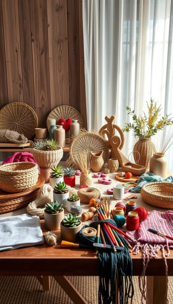 A beautifully arranged table showcasing various DIY projects inspired by modern, natural, Boho, and Scandinavian styles. In the foreground, display an array of handcrafted items like woven baskets, potted succulents, and vibrant fabrics. In the middle ground, include a charming assortment of tools such as paintbrushes, twine, and colorful threads, all set against a textured wooden backdrop. In the background, soft sunlight filters through sheer curtains, casting gentle shadows and enhancing the warm, inviting atmosphere. Utilize a wide-angle lens to capture the depth and creativity of the scene, emphasizing a Pinterest-worthy aesthetic that feels authentic and inspiring. The overall mood is cozy and artistic, embodying the essence of KlickKiste's creative spirit.