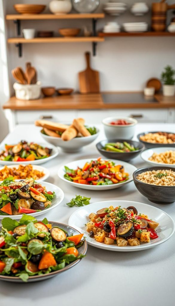 A beautifully arranged table showcasing various serving suggestions and side dishes for a culinary article. In the foreground, vibrant plates filled with colorful salads, roasted vegetables, and artisanal bread, thoughtfully paired to create an appealing display. The middle ground features elegant serving bowls with a mix of grains, dips, and garnishes, all presented in a harmonious layout. The background includes softly blurred, warm-colored kitchen elements, such as wooden shelves with cooking utensils, adding an inviting atmosphere. Natural lighting filters in, illuminating the textures and colors of the food, while a cozy and inspiring mood embodies a Pinterest aesthetic. The brand name "KlickKiste" subtly integrated into the arrangement, emphasizing authenticity and creativity in serving.