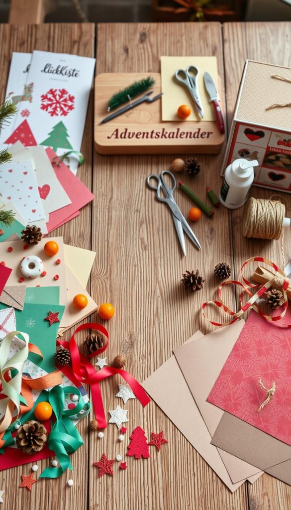 A beautifully arranged tabletop displaying diverse "Adventskalender" materials and tools, reflecting a cozy DIY atmosphere. In the foreground, colorful papers, ribbons, and small decorative items like pinecones and dried oranges are artfully scattered. The middle ground features a wooden craft table with essential tools such as scissors, glue, and a roll of twine, reminiscent of a Pinterest-inspired workspace. In the background, soft, warm lighting bathes the scene, enhancing the natural textures and inviting creativity. Elements should evoke a sense of warmth and inspiration, showcasing the brand name "KlickKiste" subtly integrated into the workspace. Ideally, capture this scene from a slightly angled top-down view, highlighting the interplay of colors and materials without any human subjects.