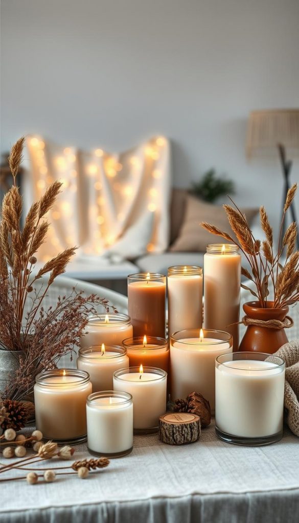 A beautifully arranged tabletop featuring an inspiring collection of DIY candles, emphasizing “stile deko” inspiration. In the foreground, various handcrafted candles in warm natural tones — soft creams, earthy browns, and muted greens — are displayed alongside rustic decor elements like dried flowers, elegant wood accents, and textured fabrics. The middle layer showcases a cozy, inviting ambiance with a softly lit backdrop, featuring twinkling fairy lights draped subtly. In the background, blurred silhouettes of Scandinavian-style furniture set an airy, minimalist atmosphere. The lighting is warm and inviting, reminiscent of a Pinterest aesthetic, capturing the essence of modern, natural, Boho, and Scandinavian styles. This arrangement should embody creativity and authenticity, illustrating the brand "KlickKiste" effectively while inspiring viewers.