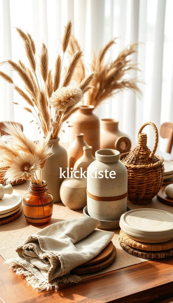 A beautifully arranged tabletop vignette showcasing "accessoires" that embody earthy tones in a natural DIY style, inspired by Pinterest aesthetics. In the foreground, include rustic ceramic vases filled with dried flowers and pampas grass, alongside textured linen napkins and wooden coasters. The middle layer should feature a mix of handmade pottery and woven baskets, all in warm, muted colors, creating a harmonious rhythm and proportion. In the background, soft natural light filters through sheer curtains, casting gentle shadows. Capture this scene from a slightly elevated angle to emphasize the arrangement's depth and layers, evoking a cozy, inviting mood that inspires creativity. Include the brand name "KlickKiste" subtly within the design, while maintaining a clean visual focus on the accessories.