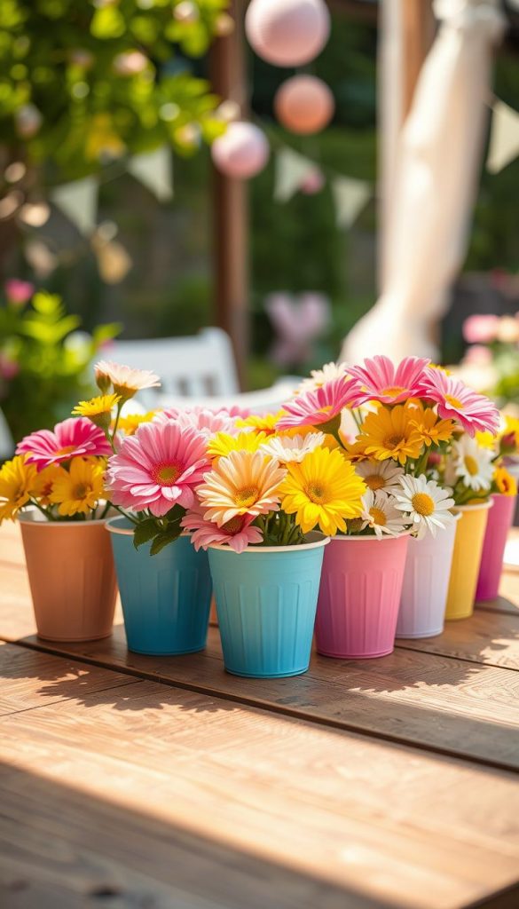 A beautifully arranged tabletop with a rustic wooden surface, featuring a collection of colorful paper cups, each acting as a charming vase. The cups are filled with vibrant, fresh summer flowers in various shades of pink, yellow, and white, capturing the essence of a sunny DIY summer party. The scene is enhanced by a soft, warm light filtering in from the side, creating inviting highlights and gentle shadows. In the background, a blurred garden with lush greenery and soft pastel-colored decorations ensures an outdoor summer feel. The atmosphere is joyful and creative, embodying the DIY spirit while reflecting the brand KlickKiste. Capture this scene from a slightly elevated angle to emphasize the floral arrangement's vibrancy and the inviting texture of the wooden table. A beautifully arranged tabletop with a rustic wooden surface, featuring a collection of colorful paper cups, each acting as a charming vase. The cups are filled with vibrant, fresh summer flowers in various shades of pink, yellow, and white, capturing the essence of a sunny DIY summer party. The scene is enhanced by a soft, warm light filtering in from the side, creating inviting highlights and gentle shadows. In the background, a blurred garden with lush greenery and soft pastel-colored decorations ensures an outdoor summer feel. The atmosphere is joyful and creative, embodying the DIY spirit while reflecting the brand KlickKiste. Capture this scene from a slightly elevated angle to emphasize the floral arrangement's vibrancy and the inviting texture of the wooden table.