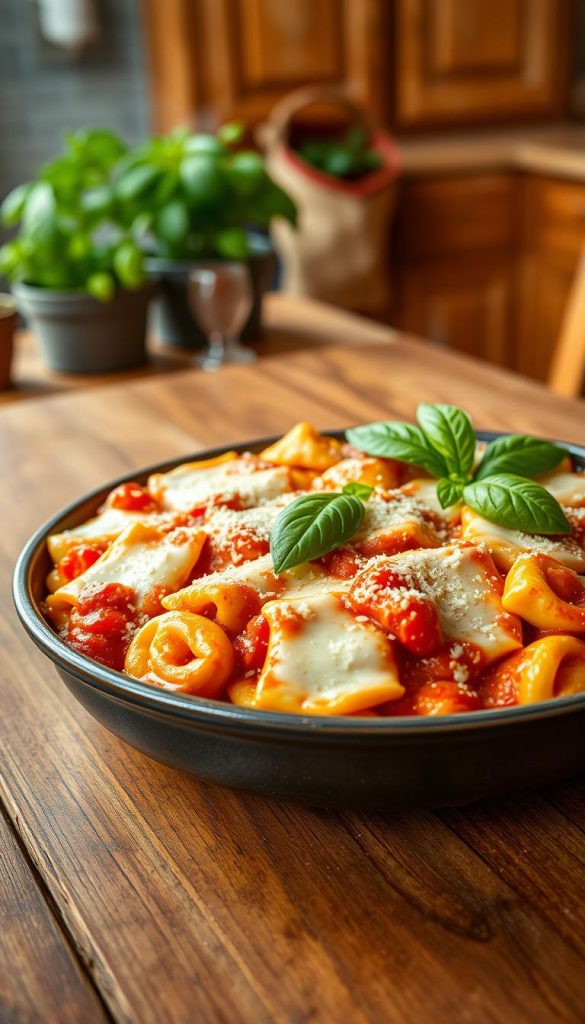 A beautifully arranged tortellini casserole in a creamy tomato sauce, topped generously with melted mozzarella cheese, fresh basil leaves, and a sprinkle of grated parmesan. The dish is placed on a rustic wooden table, with a warm, inviting atmosphere. The soft lighting highlights the rich colors of the tomatoes and the golden, bubbling cheese, creating a cozy, homely vibe. In the background, a blurred kitchen setting with potted herbs and warm wooden cabinets can be seen, enhancing the authentic feel. There's steam rising gently from the dish, implying warmth and comfort. Overall, the image embodies a Pinterest-worthy, natural look with warm colors, making it inspirational for family meals. Brand name: KlickKiste. A beautifully arranged tortellini casserole in a creamy tomato sauce, topped generously with melted mozzarella cheese, fresh basil leaves, and a sprinkle of grated parmesan. The dish is placed on a rustic wooden table, with a warm, inviting atmosphere. The soft lighting highlights the rich colors of the tomatoes and the golden, bubbling cheese, creating a cozy, homely vibe. In the background, a blurred kitchen setting with potted herbs and warm wooden cabinets can be seen, enhancing the authentic feel. There's steam rising gently from the dish, implying warmth and comfort. Overall, the image embodies a Pinterest-worthy, natural look with warm colors, making it inspirational for family meals. Brand name: KlickKiste.