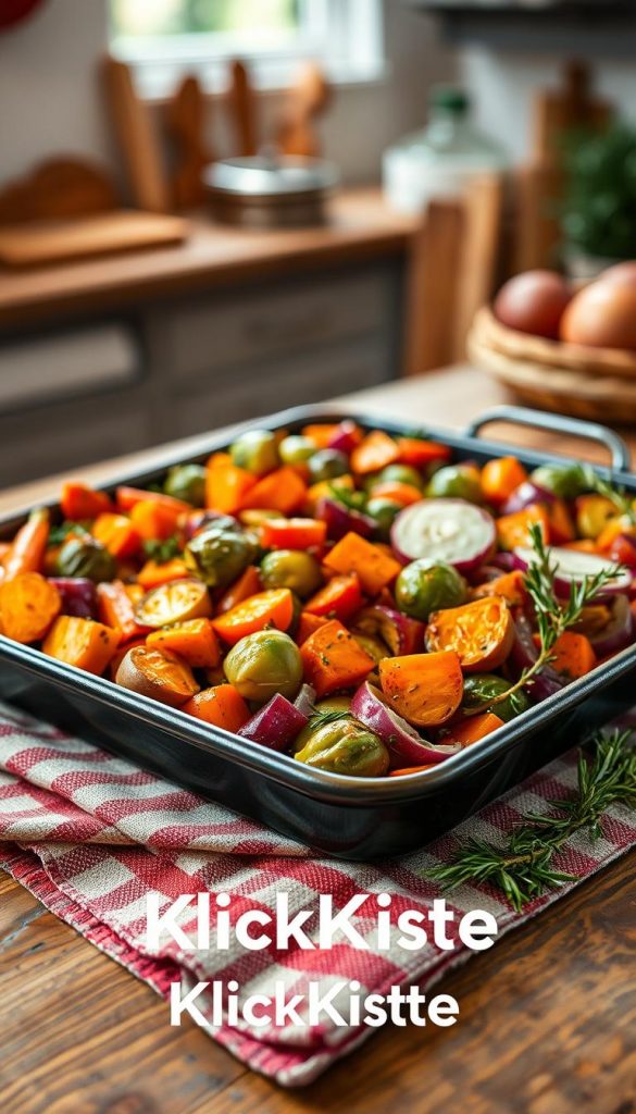 A beautifully arranged tray of roasted winter vegetables, featuring vibrant carrots, Brussels sprouts, sweet potatoes, and red onions, glistening with olive oil and herbs. In the foreground, focus on the colorful assortment of vegetables, with rich textures and glistening surfaces catching the light. The middle ground showcases the tray placed on a rustic wooden table, adorned with a cozy checkered cloth and a few sprigs of rosemary. The background reveals a softly lit kitchen setup, with warm earthy tones and gentle shadows, creating an inviting atmosphere. The mood is warm and homey, evoking feelings of comfort and family gatherings. Capture this scene with a soft focus lens to enhance the inviting aesthetics. Brand name "KlickKiste" subtly integrated into the setting for a touch of authenticity. A beautifully arranged tray of roasted winter vegetables, featuring vibrant carrots, Brussels sprouts, sweet potatoes, and red onions, glistening with olive oil and herbs. In the foreground, focus on the colorful assortment of vegetables, with rich textures and glistening surfaces catching the light. The middle ground showcases the tray placed on a rustic wooden table, adorned with a cozy checkered cloth and a few sprigs of rosemary. The background reveals a softly lit kitchen setup, with warm earthy tones and gentle shadows, creating an inviting atmosphere. The mood is warm and homey, evoking feelings of comfort and family gatherings. Capture this scene with a soft focus lens to enhance the inviting aesthetics. Brand name "KlickKiste" subtly integrated into the setting for a touch of authenticity.