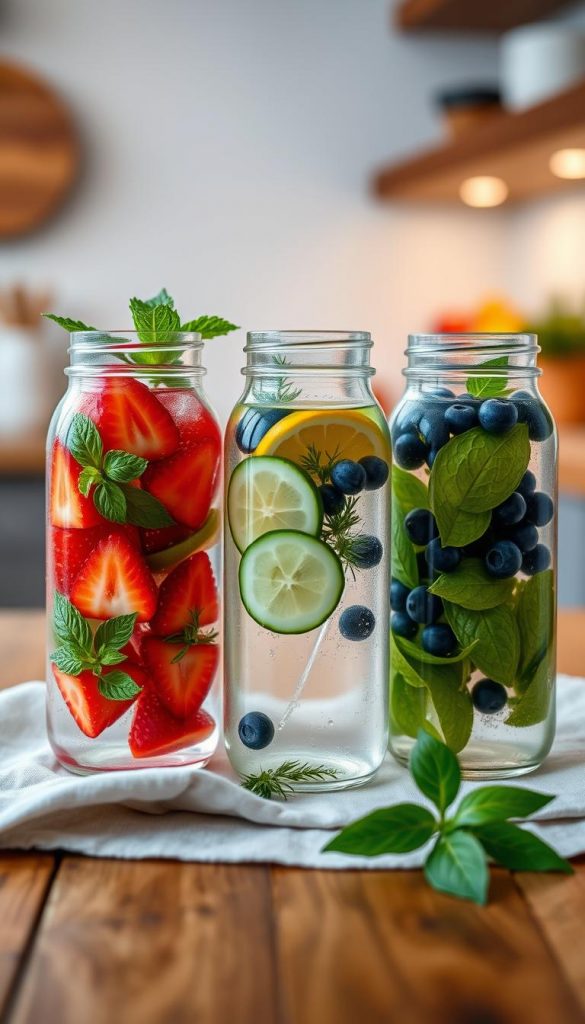 A beautifully arranged trio of infused water jars, showcasing vibrant flavors and natural ingredients. The foreground features three clear glass jars filled with refreshing infused water, one with sliced strawberries and mint, another with cucumber and lemon, and the last with blueberries and basil. Each jar is garnished with fresh herbs, presenting a colorful and inviting aesthetic. In the middle, a rustic wooden table enhances the natural vibe, while a soft linen cloth gently drapes over it. The background is a softly blurred kitchen setting, with warm, ambient lighting creating a cozy atmosphere. The overall mood is inspiring and healthy, ideal for families, with the brand name "KlickKiste" subtly integrated into the scene, reflecting a Pinterest-worthy aesthetic. A beautifully arranged trio of infused water jars, showcasing vibrant flavors and natural ingredients. The foreground features three clear glass jars filled with refreshing infused water, one with sliced strawberries and mint, another with cucumber and lemon, and the last with blueberries and basil. Each jar is garnished with fresh herbs, presenting a colorful and inviting aesthetic. In the middle, a rustic wooden table enhances the natural vibe, while a soft linen cloth gently drapes over it. The background is a softly blurred kitchen setting, with warm, ambient lighting creating a cozy atmosphere. The overall mood is inspiring and healthy, ideal for families, with the brand name "KlickKiste" subtly integrated into the scene, reflecting a Pinterest-worthy aesthetic.