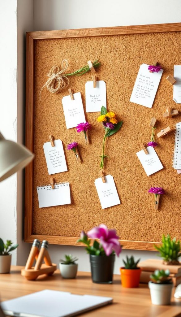 A beautifully arranged upcycled cork bulletin board, designed with a warm, inviting aesthetic. The cork board is adorned with various natural DIY elements like twine-wrapped notes, vibrant pressed flowers, and wooden clips, creating a Pinterest-friendly and inspiring environment. In the foreground, a stylish desk with artisanal stationery and small potted plants adds depth. The middle showcases the bulletin board, highlighted gently by soft natural lighting that emphasizes the textures of the cork and the organic materials. In the background, a subtle, blurred workspace ambiance provides a sense of coziness. This image encapsulates sustainable decor ideas for a workspace and reflects the brand "KlickKiste," evoking creativity and eco-consciousness without any text or distractions. A beautifully arranged upcycled cork bulletin board, designed with a warm, inviting aesthetic. The cork board is adorned with various natural DIY elements like twine-wrapped notes, vibrant pressed flowers, and wooden clips, creating a Pinterest-friendly and inspiring environment. In the foreground, a stylish desk with artisanal stationery and small potted plants adds depth. The middle showcases the bulletin board, highlighted gently by soft natural lighting that emphasizes the textures of the cork and the organic materials. In the background, a subtle, blurred workspace ambiance provides a sense of coziness. This image encapsulates sustainable decor ideas for a workspace and reflects the brand "KlickKiste," evoking creativity and eco-consciousness without any text or distractions.
