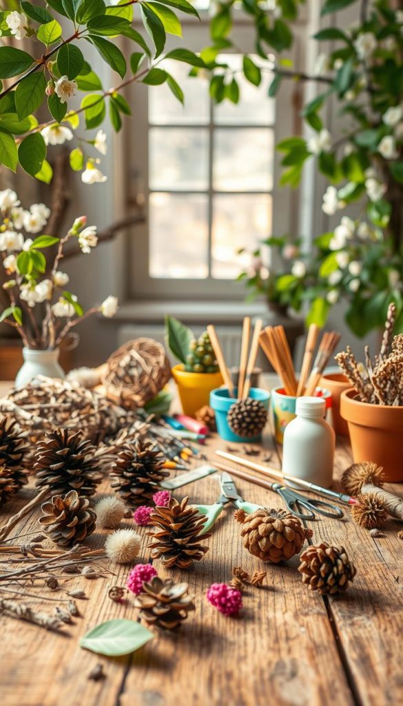A beautifully arranged upcycling scene featuring various natural materials on a rustic wooden table. In the foreground, detailed crafts made from items like pinecones, twigs, and dried flowers are showcased, reflecting creative DIY projects. In the middle, tools like glue, scissors, and paintbrushes are artfully scattered alongside vibrant, painted terracotta pots. In the background, soft sunlight filters through a window, casting warm, inviting light that enhances the natural colors. Lush green leaves and blossoms adorn the surroundings, creating an organic atmosphere. The mood is warm and inspiring, perfect for a spring and summer vibe. Designed in a Pinterest aesthetic, this authentic image embodies the essence of "KlickKiste" and encourages creativity through upcycling.