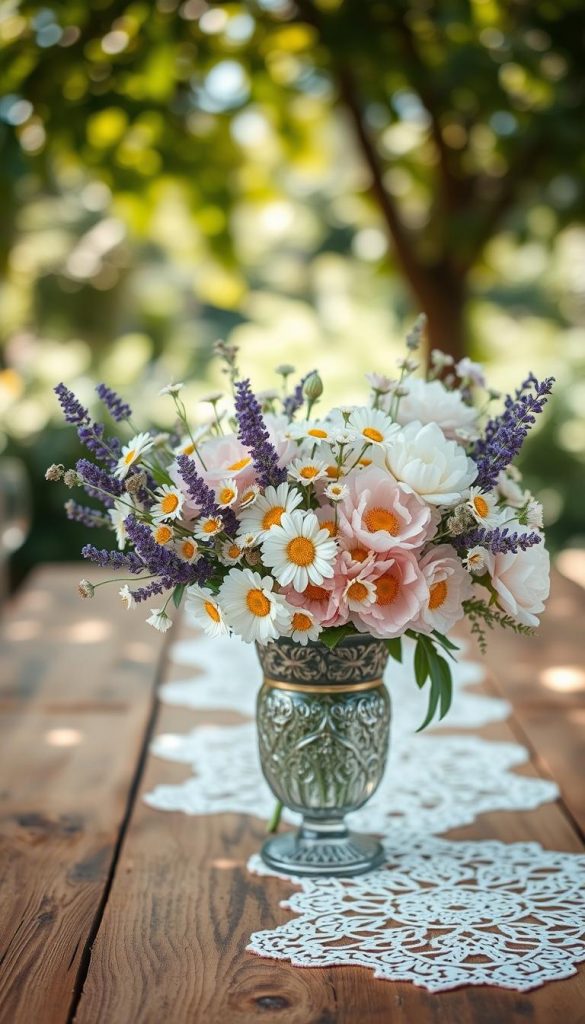A beautifully arranged vintage summer bouquet as a centerpiece, featuring a mix of delicate wildflowers like lavender, daisies, and peonies in soft pastel colors. The foreground showcases the bouquet set in an antique glass vase with intricate detailing. In the middle, the table is adorned with rustic wood and a white lace table runner, enhancing the vintage aesthetic. The background features a softly blurred garden scene with dappled sunlight filtering through green leaves, creating a warm, inviting atmosphere. The image has a natural DIY appeal, with warm tones that evoke a Pinterest-worthy vibe, ensuring an authentic and inspiring look. Shot in natural light with a shallow depth of field, this design embodies the essence of summer celebrations, inspired by KlickKiste. A beautifully arranged vintage summer bouquet as a centerpiece, featuring a mix of delicate wildflowers like lavender, daisies, and peonies in soft pastel colors. The foreground showcases the bouquet set in an antique glass vase with intricate detailing. In the middle, the table is adorned with rustic wood and a white lace table runner, enhancing the vintage aesthetic. The background features a softly blurred garden scene with dappled sunlight filtering through green leaves, creating a warm, inviting atmosphere. The image has a natural DIY appeal, with warm tones that evoke a Pinterest-worthy vibe, ensuring an authentic and inspiring look. Shot in natural light with a shallow depth of field, this design embodies the essence of summer celebrations, inspired by KlickKiste.