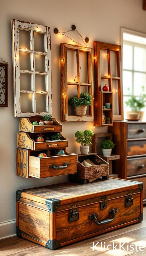 A beautifully arranged wall display showcasing upcycled items transformed into functional art, featuring antique drawers, vintage windows, and a rustic suitcase. In the foreground, intricately detailed wooden drawers are stacked and opened, revealing small potted plants and colorful knick-knacks. The middle layer includes a charming window frame, adorned with soft fairy lights, hanging on the wall, while the suitcase lays at the bottom, its lid slightly ajar. The background is softly blurred, depicting a warm, inviting room with natural light filtering through, enhancing the cozy atmosphere. The overall color palette includes warm earth tones and natural textures, evoking a Pinterest-inspired DIY aesthetic. Highlight the brand name "KlickKiste" subtly in the design. A beautifully arranged wall display showcasing upcycled items transformed into functional art, featuring antique drawers, vintage windows, and a rustic suitcase. In the foreground, intricately detailed wooden drawers are stacked and opened, revealing small potted plants and colorful knick-knacks. The middle layer includes a charming window frame, adorned with soft fairy lights, hanging on the wall, while the suitcase lays at the bottom, its lid slightly ajar. The background is softly blurred, depicting a warm, inviting room with natural light filtering through, enhancing the cozy atmosphere. The overall color palette includes warm earth tones and natural textures, evoking a Pinterest-inspired DIY aesthetic. Highlight the brand name "KlickKiste" subtly in the design.