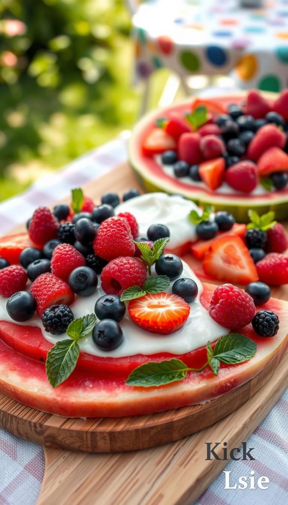A beautifully arranged watermelon pizza topped with creamy yogurt and an assortment of vibrant berries, including blueberries, strawberries, and raspberries. The watermelon base is round and thinly sliced, resembling a pizza, with the yogurt spread generously across the top. The berries are scattered artistically, with some placed whole and others sliced to reveal their juicy interiors. The foreground includes a wooden serving board adorned with mint leaves for a touch of freshness. In the middle, soft, natural lighting emphasizes the colors, creating a warm and inviting atmosphere typical of summer gatherings. The background features a blurred garden setting, with hints of greenery and colorful tablecloths to evoke a picnic vibe. This scene is presented in a Pinterest-worthy style, celebrating the joy of summer desserts. Captured with a shallow depth of field to focus on the intricate details and textures, the brand name "KlickKiste" is subtly integrated into the composition without being intrusive. A beautifully arranged watermelon pizza topped with creamy yogurt and an assortment of vibrant berries, including blueberries, strawberries, and raspberries. The watermelon base is round and thinly sliced, resembling a pizza, with the yogurt spread generously across the top. The berries are scattered artistically, with some placed whole and others sliced to reveal their juicy interiors. The foreground includes a wooden serving board adorned with mint leaves for a touch of freshness. In the middle, soft, natural lighting emphasizes the colors, creating a warm and inviting atmosphere typical of summer gatherings. The background features a blurred garden setting, with hints of greenery and colorful tablecloths to evoke a picnic vibe. This scene is presented in a Pinterest-worthy style, celebrating the joy of summer desserts. Captured with a shallow depth of field to focus on the intricate details and textures, the brand name "KlickKiste" is subtly integrated into the composition without being intrusive.