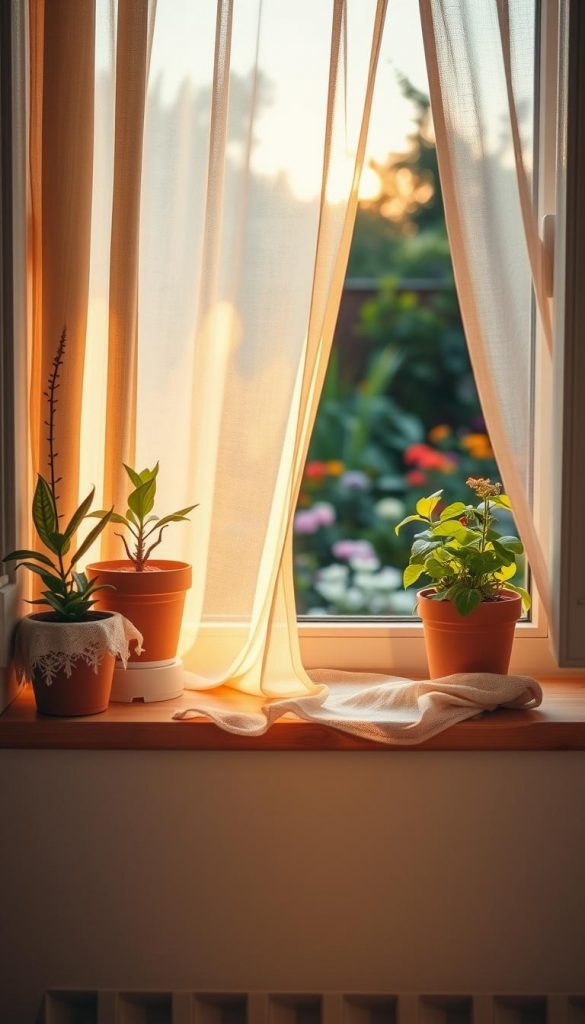 A beautifully arranged window decoration scene that captures the essence of "farben und licht" with a focus on natural DIY aesthetics. In the foreground, showcase a charming, wooden windowsill adorned with potted plants and delicate, textured fabrics that create a warm and inviting atmosphere. In the middle ground, a soft curtain filters golden afternoon light, enhancing the color palette of earthy tones and pastels, inspired by the brand KlickKiste. The background features a serene outdoor view with gentle sunlight illuminating a garden filled with vibrant flowers and greenery. The overall mood is authentically inspiring, evoking a sense of comfort and creativity, while emphasizing the interplay of natural light and warm evening hues. Use a warm, soft-focus lens to capture the enchanting light play.