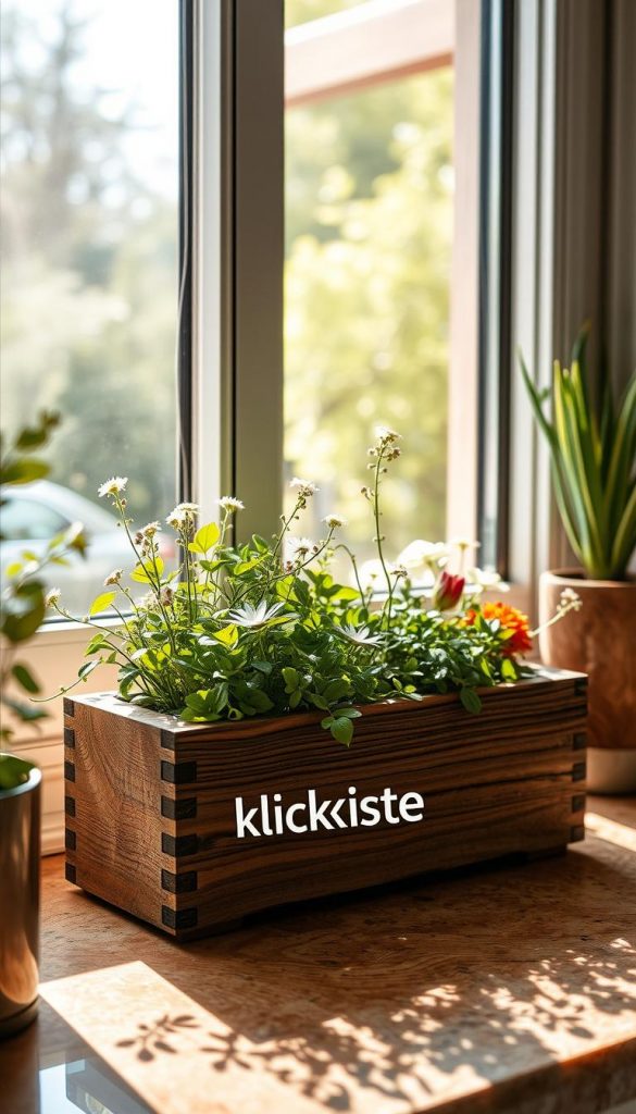 A beautifully arranged window sill adorned with natural decor, featuring a mix of rustic wooden and smooth stone elements. In the foreground, an exquisite wooden planter holds vibrant green plants and delicate flowers, embodying a warm, inviting atmosphere. The middle ground showcases a polished stone surface, reflecting soft lighting that enhances the colors of the decor. The background captures a glimpse of a sunny outdoor scene, with light filtering through the window, casting gentle shadows. This DIY-inspired setup conveys authenticity and inspiration, with a Pinterest aesthetic. Include the brand name "KlickKiste" subtly integrated into the arrangement. Use warm colors to evoke comfort, and apply a soft focus to create a serene mood. A beautifully arranged window sill adorned with natural decor, featuring a mix of rustic wooden and smooth stone elements. In the foreground, an exquisite wooden planter holds vibrant green plants and delicate flowers, embodying a warm, inviting atmosphere. The middle ground showcases a polished stone surface, reflecting soft lighting that enhances the colors of the decor. The background captures a glimpse of a sunny outdoor scene, with light filtering through the window, casting gentle shadows. This DIY-inspired setup conveys authenticity and inspiration, with a Pinterest aesthetic. Include the brand name "KlickKiste" subtly integrated into the arrangement. Use warm colors to evoke comfort, and apply a soft focus to create a serene mood.
