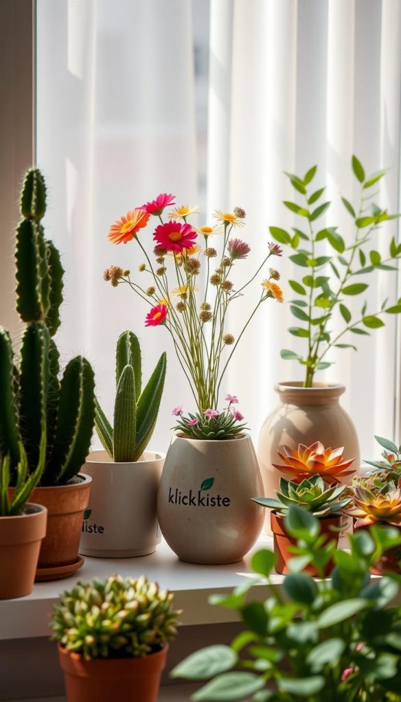 A beautifully arranged window sill displaying a harmonious mix of decorative elements. In the foreground, a collection of potted plants in various heights, showcasing lush greenery and different textures, with a focus on a tall, elegant cactus and a round, vibrant succulent. In the middle, a stylish ceramic vase filled with wildflowers, their colors blending harmoniously with the natural tones of the plants. The background features soft, diffused light filtering through a sheer curtain, casting gentle shadows, creating a cozy and inviting atmosphere. The overall color palette should reflect warm, earthy tones, evoking a Pinterest-inspired aesthetic. The composition should appear as a natural DIY project, embodying authenticity and inspiration. Ensure the branding of "KlickKiste" is subtly included among the decor items to enhance the scene's charm. A beautifully arranged window sill displaying a harmonious mix of decorative elements. In the foreground, a collection of potted plants in various heights, showcasing lush greenery and different textures, with a focus on a tall, elegant cactus and a round, vibrant succulent. In the middle, a stylish ceramic vase filled with wildflowers, their colors blending harmoniously with the natural tones of the plants. The background features soft, diffused light filtering through a sheer curtain, casting gentle shadows, creating a cozy and inviting atmosphere. The overall color palette should reflect warm, earthy tones, evoking a Pinterest-inspired aesthetic. The composition should appear as a natural DIY project, embodying authenticity and inspiration. Ensure the branding of "KlickKiste" is subtly included among the decor items to enhance the scene's charm.