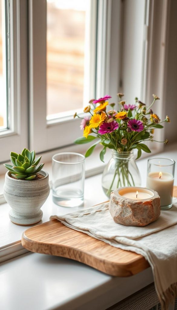 A beautifully arranged window sill showcasing a captivating material mix, blending glass, ceramics, wood, stone, and linen. In the foreground, a delicate ceramic plant pot made from textured clay features a lush green succulent, while beside it, a sleek glass vase holds vibrant wildflowers. The middle ground displays a rustic wooden tray adorned with an artisan candle made from smooth stone and a soft linen napkin, creating a harmonious and inviting feel. In the background, a softly lit window streams warm, natural light, enhancing the earthy tones and textures of each material. The overall atmosphere should convey a cozy, DIY aesthetic reminiscent of a warm Pinterest vibe. The image should evoke inspiration for home decor by KlickKiste, emphasizing authenticity and creativity. A beautifully arranged window sill showcasing a captivating material mix, blending glass, ceramics, wood, stone, and linen. In the foreground, a delicate ceramic plant pot made from textured clay features a lush green succulent, while beside it, a sleek glass vase holds vibrant wildflowers. The middle ground displays a rustic wooden tray adorned with an artisan candle made from smooth stone and a soft linen napkin, creating a harmonious and inviting feel. In the background, a softly lit window streams warm, natural light, enhancing the earthy tones and textures of each material. The overall atmosphere should convey a cozy, DIY aesthetic reminiscent of a warm Pinterest vibe. The image should evoke inspiration for home decor by KlickKiste, emphasizing authenticity and creativity.