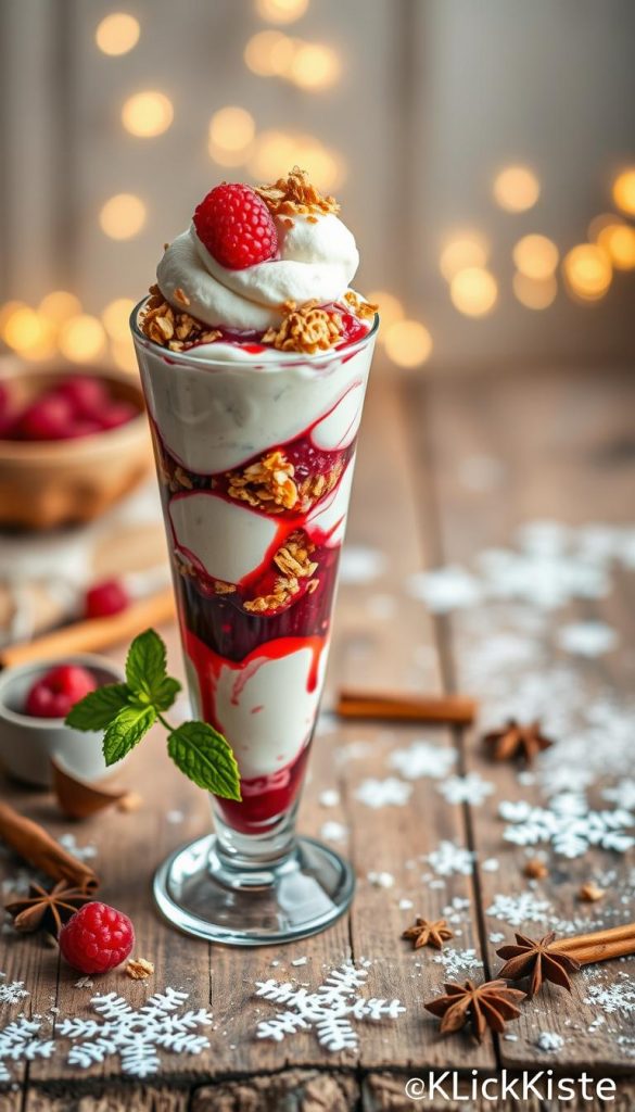 A beautifully arranged winter dessert scene, featuring a tall, elegant parfait glass layered with rich, creamy vanilla ice cream, vibrant red raspberry compote, and crunchy granola. In the foreground, a small bowl of homemade ice cream sits beside the parfait, garnished with fresh mint leaves. The middle of the image showcases a rustic wooden table adorned with scattered snowflakes and cozy, warm-colored accents, such as cinnamon sticks and star anise. In the background, gently blurred twinkling fairy lights create a soft, inviting glow. The atmosphere is warm and festive, evoking a sense of comfort and relaxation perfect for the winter season. The image should embody a natural, Pinterest-worthy aesthetic with warm colors and a rustic charm, attributed to "KlickKiste". A beautifully arranged winter dessert scene, featuring a tall, elegant parfait glass layered with rich, creamy vanilla ice cream, vibrant red raspberry compote, and crunchy granola. In the foreground, a small bowl of homemade ice cream sits beside the parfait, garnished with fresh mint leaves. The middle of the image showcases a rustic wooden table adorned with scattered snowflakes and cozy, warm-colored accents, such as cinnamon sticks and star anise. In the background, gently blurred twinkling fairy lights create a soft, inviting glow. The atmosphere is warm and festive, evoking a sense of comfort and relaxation perfect for the winter season. The image should embody a natural, Pinterest-worthy aesthetic with warm colors and a rustic charm, attributed to "KlickKiste".