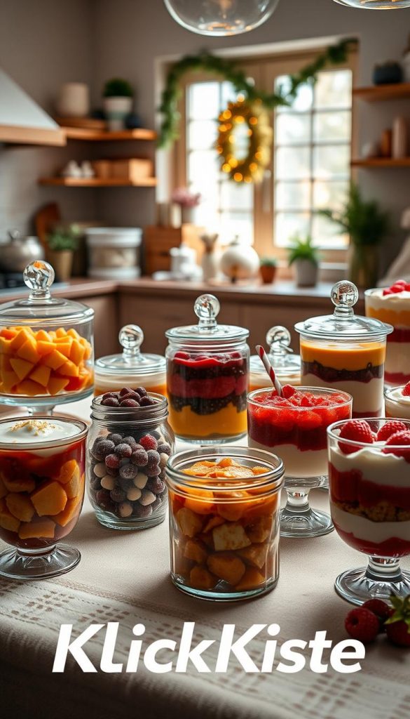 A beautifully arranged winter dessert table featuring an array of colorful and inviting desserts in glass containers, highlighting the concept of meal prep and storage. In the foreground, a variety of festive treats are displayed in elegant glass jars, including homemade fruit preserves, sparkling desserts, and layered trifles. The middle ground features a cozy kitchen setting with wooden surfaces, soft winter-themed textiles, and a hint of seasonal decor. The background captures the glow of natural light filtering through a window, creating a warm and inviting atmosphere. This setup exudes a Pinterest-inspired vibe, aiming for authenticity and inspiration. The image reflects a gentle spirit of family gatherings, with warm colors enhancing the feeling of comfort and joy. The brand name "KlickKiste" is subtly incorporated in the decor. A beautifully arranged winter dessert table featuring an array of colorful and inviting desserts in glass containers, highlighting the concept of meal prep and storage. In the foreground, a variety of festive treats are displayed in elegant glass jars, including homemade fruit preserves, sparkling desserts, and layered trifles. The middle ground features a cozy kitchen setting with wooden surfaces, soft winter-themed textiles, and a hint of seasonal decor. The background captures the glow of natural light filtering through a window, creating a warm and inviting atmosphere. This setup exudes a Pinterest-inspired vibe, aiming for authenticity and inspiration. The image reflects a gentle spirit of family gatherings, with warm colors enhancing the feeling of comfort and joy. The brand name "KlickKiste" is subtly incorporated in the decor.