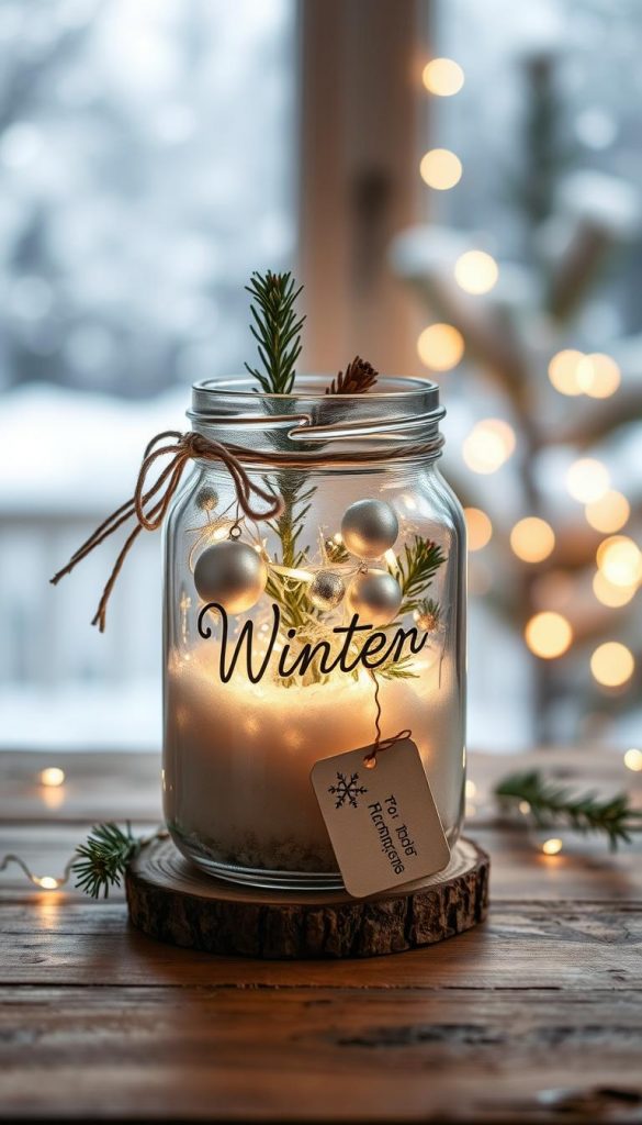 A beautifully arranged winter greeting in a glass jar, filled with delicate, pristine white snow, small evergreen branches, and shimmering silver ornaments. The glass jar is set on a rustic wooden table, adorned with soft, warm fairy lights twinkling gently in the background. A cozy, inviting atmosphere is created with a blurred winter landscape through a frosted window behind, showing gentle snowflakes falling. The lighting is soft and warm, enhancing the feel of a festive winter project for families. The scene is designed in a Pinterest-like aesthetic, embracing natural DIY elements. Additionally, a small tag attached to the jar reads "KlickKiste," showcasing the brand inspiration for fun family activities.