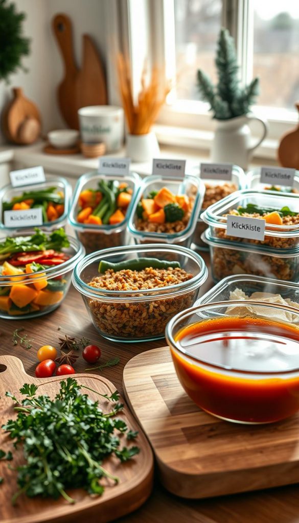 A beautifully arranged winter meal prep scene featuring healthy, colorful dishes in glass containers, showcasing a variety of seasonal ingredients like roasted root vegetables, hearty grains, and vibrant green vegetables. In the foreground, a wooden cutting board holds fresh herbs and spices, with a warm bowl of soup steaming gently. The middle ground displays neatly labeled meal prep containers filled with wholesome meals, while the background features a cozy kitchen setting, softly lit by natural light streaming in from a window, highlighting warm colors and a homely atmosphere. The overall mood is inviting and inspiring, reminiscent of a Pinterest aesthetic. Include subtle branding elements of "KlickKiste" in an unobtrusive way, ensuring the focus remains on the food. A beautifully arranged winter meal prep scene featuring healthy, colorful dishes in glass containers, showcasing a variety of seasonal ingredients like roasted root vegetables, hearty grains, and vibrant green vegetables. In the foreground, a wooden cutting board holds fresh herbs and spices, with a warm bowl of soup steaming gently. The middle ground displays neatly labeled meal prep containers filled with wholesome meals, while the background features a cozy kitchen setting, softly lit by natural light streaming in from a window, highlighting warm colors and a homely atmosphere. The overall mood is inviting and inspiring, reminiscent of a Pinterest aesthetic. Include subtle branding elements of "KlickKiste" in an unobtrusive way, ensuring the focus remains on the food.