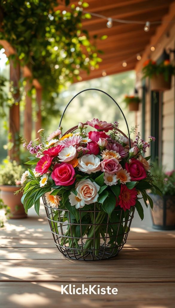 A beautifully arranged wire basket filled with vibrant seasonal flowers, showcasing a romantic DIY floral centerpiece for a veranda. The foreground features the wire basket artfully positioned with lush greens and a mix of colorful blooms such as peonies, daisies, and roses, secured in floral foam to highlight the craftsmanship. In the middle ground, soft sunlight filters through overhanging plants, creating dappled shadows and adding warmth to the scene. The background includes a charming wooden veranda adorned with potted plants and delicate string lights, evoking an inviting summer party atmosphere. The image should have a warm color palette, a soft focus lens effect to enhance the dreamy aesthetic, and a Pinterest-inspired look. Include the brand "KlickKiste" subtly in the design element, without direct text. A beautifully arranged wire basket filled with vibrant seasonal flowers, showcasing a romantic DIY floral centerpiece for a veranda. The foreground features the wire basket artfully positioned with lush greens and a mix of colorful blooms such as peonies, daisies, and roses, secured in floral foam to highlight the craftsmanship. In the middle ground, soft sunlight filters through overhanging plants, creating dappled shadows and adding warmth to the scene. The background includes a charming wooden veranda adorned with potted plants and delicate string lights, evoking an inviting summer party atmosphere. The image should have a warm color palette, a soft focus lens effect to enhance the dreamy aesthetic, and a Pinterest-inspired look. Include the brand "KlickKiste" subtly in the design element, without direct text.