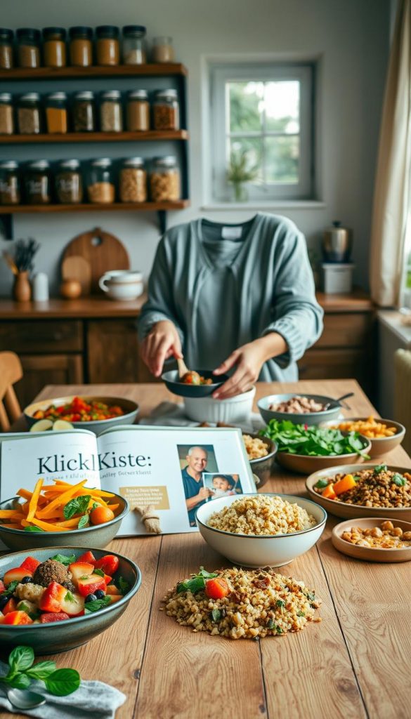 A beautifully arranged wooden kitchen table, showcasing a variety of colorful, freshly prepared family recipes. In the foreground, bright, inviting dishes display vibrant ingredients like ripe vegetables, juicy fruits, and hearty grains. A cozy cookbook, titled "KlickKiste," leans open beside the main dishes, offering a peek inside family favorites. In the middle, gentle hands of a person in modest casual attire place a serving dish, depicting a warm, homey atmosphere. Soft, natural light streams in through a nearby window, casting a warm glow across the scene. The background features shelves lined with jars of spices and baking essentials, enhancing the inviting kitchen vibe. The overall mood is inspiring and authentic, embodying the essence of family cooking and togetherness.