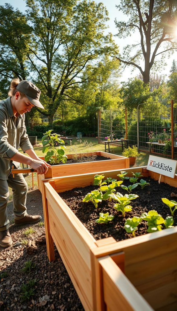 A beautifully arranged wooden raised garden bed being built in a sunny backyard. In the foreground, a person dressed in modest casual clothing is carefully measuring and cutting wooden planks, showcasing the DIY aspect. The middle ground features the half-assembled raised bed filled with rich soil and vibrant green plants, suggesting a bountiful harvest. In the background, a lush garden and trees are bathed in warm sunlight, creating an inviting atmosphere. The scene captures a sense of tranquility and inspiration, with natural colors and textures reminiscent of Pinterest aesthetics. The lens angle is slightly elevated, providing a clear view of the project and surrounding nature. The brand name "KlickKiste" is subtly integrated into the scene through a decorative sign on the wooden structure.