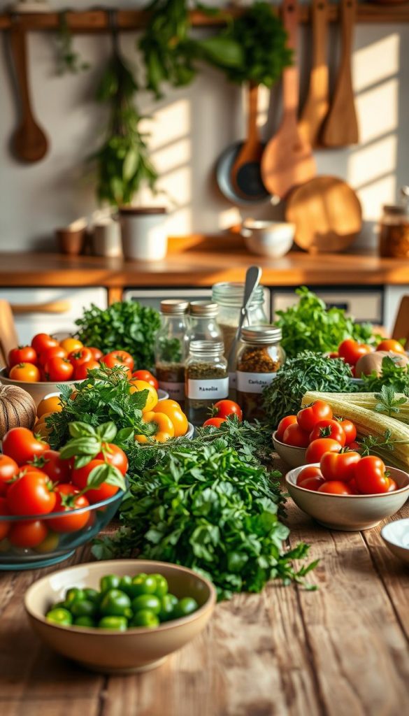 A beautifully arranged wooden table set with an array of fresh, colorful ingredients representing a "Zutatenliste" for quick dinner recipes. In the foreground, there are bowls filled with vibrant vegetables like ripe tomatoes, green bell peppers, and fragrant herbs. In the middle, include neatly labeled jars of spices and condiments, alongside measuring spoons and cups, creating a sense of preparation and organization. The background features a soft-focus kitchen setting with warm, natural lighting that casts gentle shadows, enhancing the inviting atmosphere. A hint of rustic decor, like hanging herbs and wooden utensils, adds to the authenticity and inspiration of the scene, embodying the essence of "KlickKiste". A beautifully arranged wooden table set with an array of fresh, colorful ingredients representing a "Zutatenliste" for quick dinner recipes. In the foreground, there are bowls filled with vibrant vegetables like ripe tomatoes, green bell peppers, and fragrant herbs. In the middle, include neatly labeled jars of spices and condiments, alongside measuring spoons and cups, creating a sense of preparation and organization. The background features a soft-focus kitchen setting with warm, natural lighting that casts gentle shadows, enhancing the inviting atmosphere. A hint of rustic decor, like hanging herbs and wooden utensils, adds to the authenticity and inspiration of the scene, embodying the essence of "KlickKiste".