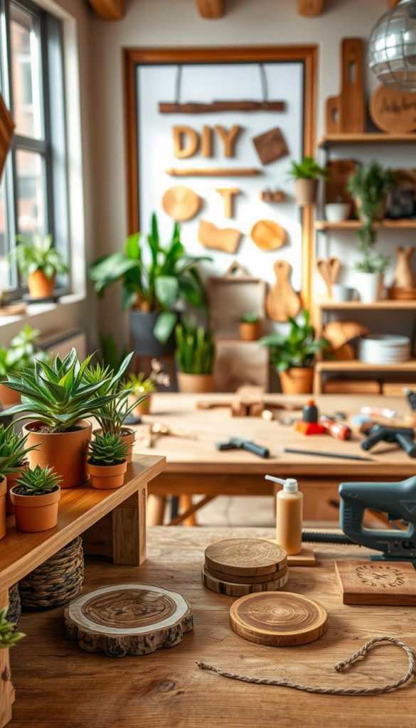 A beautifully arranged wooden workspace features an array of sustainable DIY projects, emphasizing creativity and craftsmanship. In the foreground, a carefully crafted wooden shelf holds vibrant potted plants and handmade wooden coasters, showcasing unique textures and earthy tones. The middle layer displays a well-organized craft table with essential tools like a saw, sandpaper, and wood glue, hinting at the magic of DIY. In the background, soft natural light filters through a large window, illuminating a wall adorned with inspiring wooden wall art and simple shelving. The atmosphere is warm and inviting, evoking a sense of coziness and inspiration, perfect for home improvement enthusiasts. Incorporate the brand name "KlickKiste" subtly within the scene, enhancing the authentic Pinterest-like aesthetic.