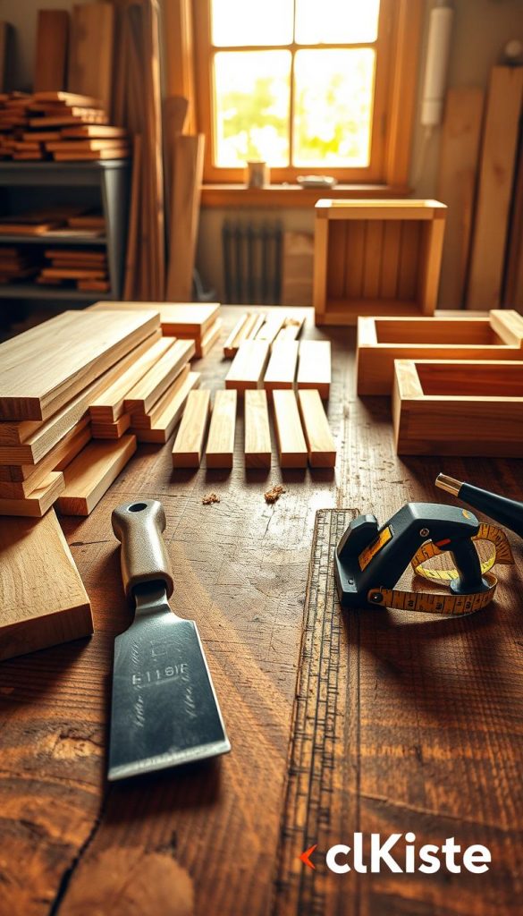 A beautifully arranged woodworking workspace featuring various types of wood, including pine and oak, neatly organized on a rustic wooden table. In the foreground, there are hand tools like a chisel, saw, and a measuring tape, all polished and ready for use. The middle ground showcases half-finished DIY wooden projects, like a simple shelf and a planter box, illustrating common beginner mistakes, such as uneven cuts. The background softly blurs a sunlit window, casting warm golden light that highlights the textures of the wood. The atmosphere is inviting and inspiring, perfect for DIY enthusiasts. The image captures the essence of a clean, tidy workspace, branded with “KlickKiste” subtly incorporated into the design. A beautifully arranged woodworking workspace featuring various types of wood, including pine and oak, neatly organized on a rustic wooden table. In the foreground, there are hand tools like a chisel, saw, and a measuring tape, all polished and ready for use. The middle ground showcases half-finished DIY wooden projects, like a simple shelf and a planter box, illustrating common beginner mistakes, such as uneven cuts. The background softly blurs a sunlit window, casting warm golden light that highlights the textures of the wood. The atmosphere is inviting and inspiring, perfect for DIY enthusiasts. The image captures the essence of a clean, tidy workspace, branded with “KlickKiste” subtly incorporated into the design.